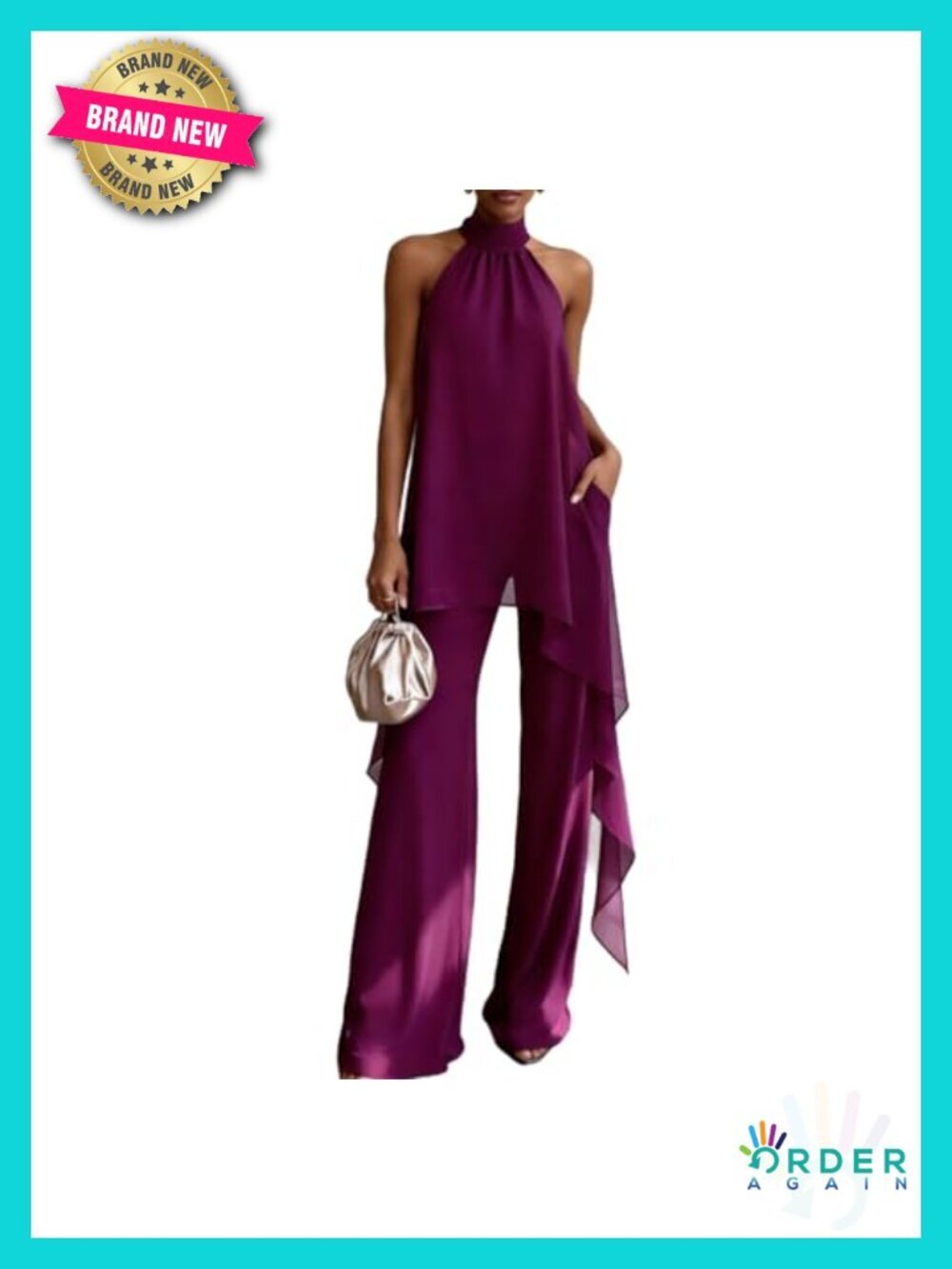 Sleeveless Halter Neck Draped Top Wide Leg Pants 2 Piece Set Going Out